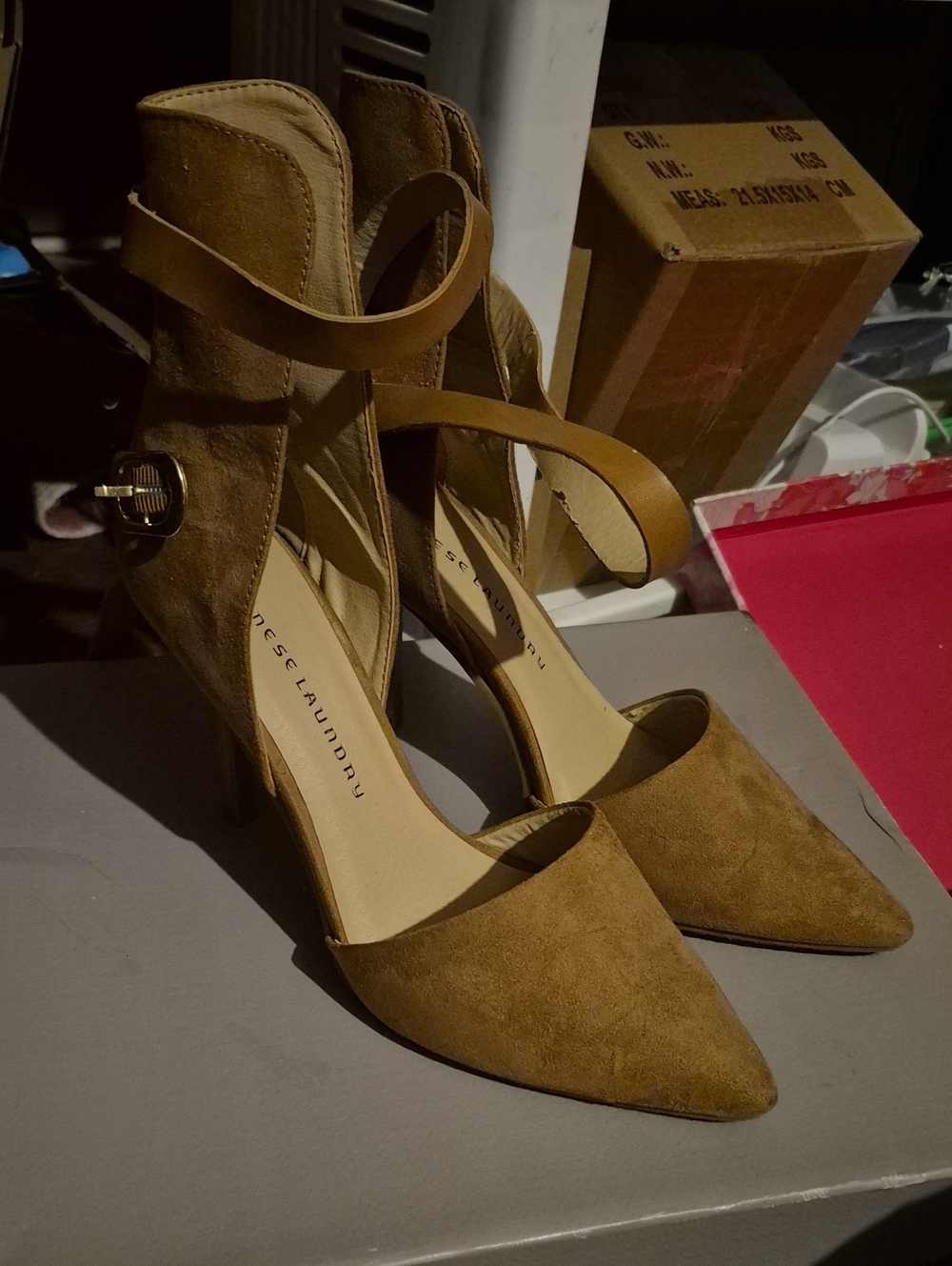 Chinese Laundry Tan Suede Pointed-Toe Ankle-Strap Heels